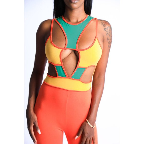 Pants - Womens Cut Out Sexy Sleeveless Turtleneck Skinny Slim Party Jumpsuit Color Block